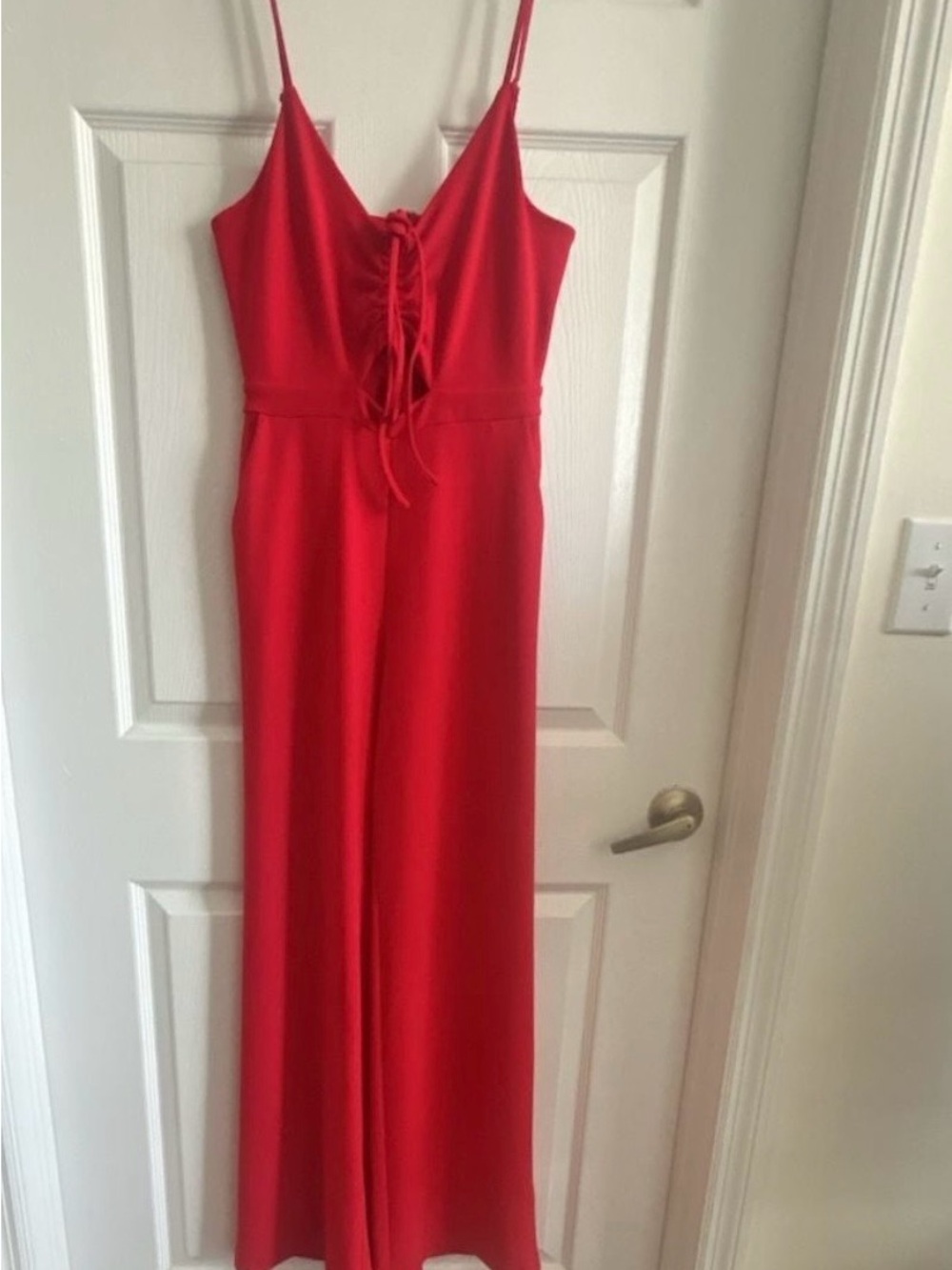 Express Red Lace-Up Wide-Leg Jumpsuit with Spaghetti Straps